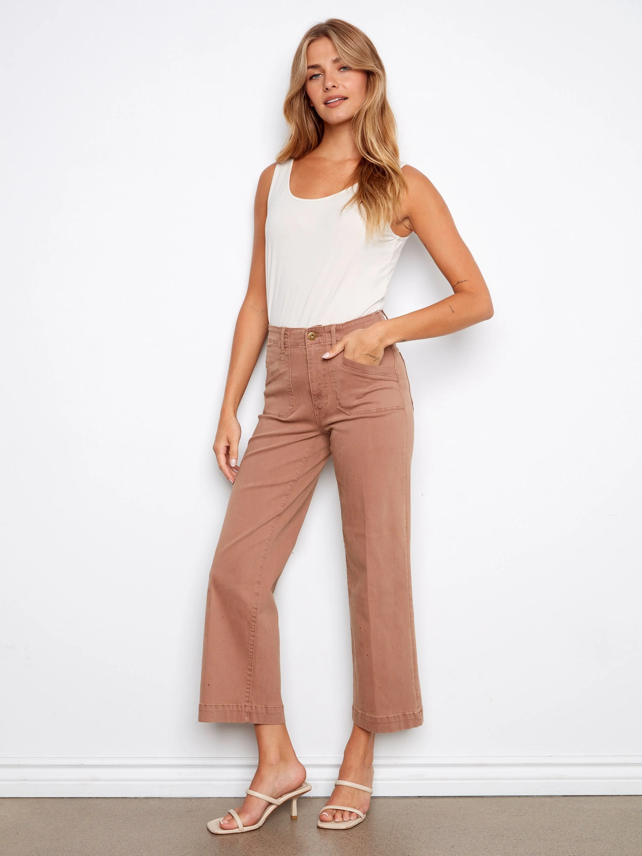 Cropped Wide Leg Stretch Twill Jeans - Brown