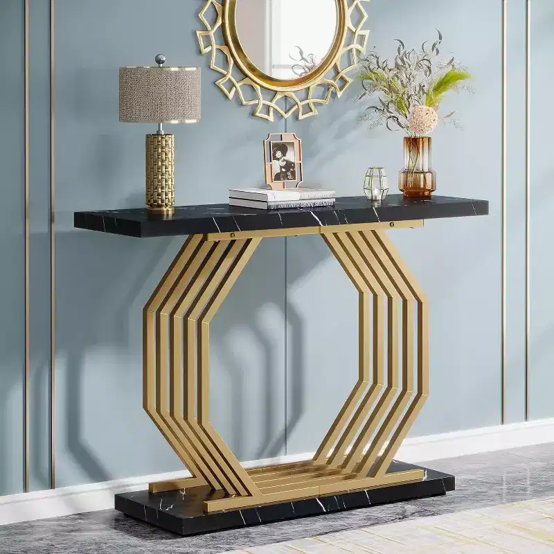 40-Inch Gold Console Table, Faux Marble Entryway Narrow Sofa Table with Geometric Metal Base for Living Room, Hallway, Foyer, Black