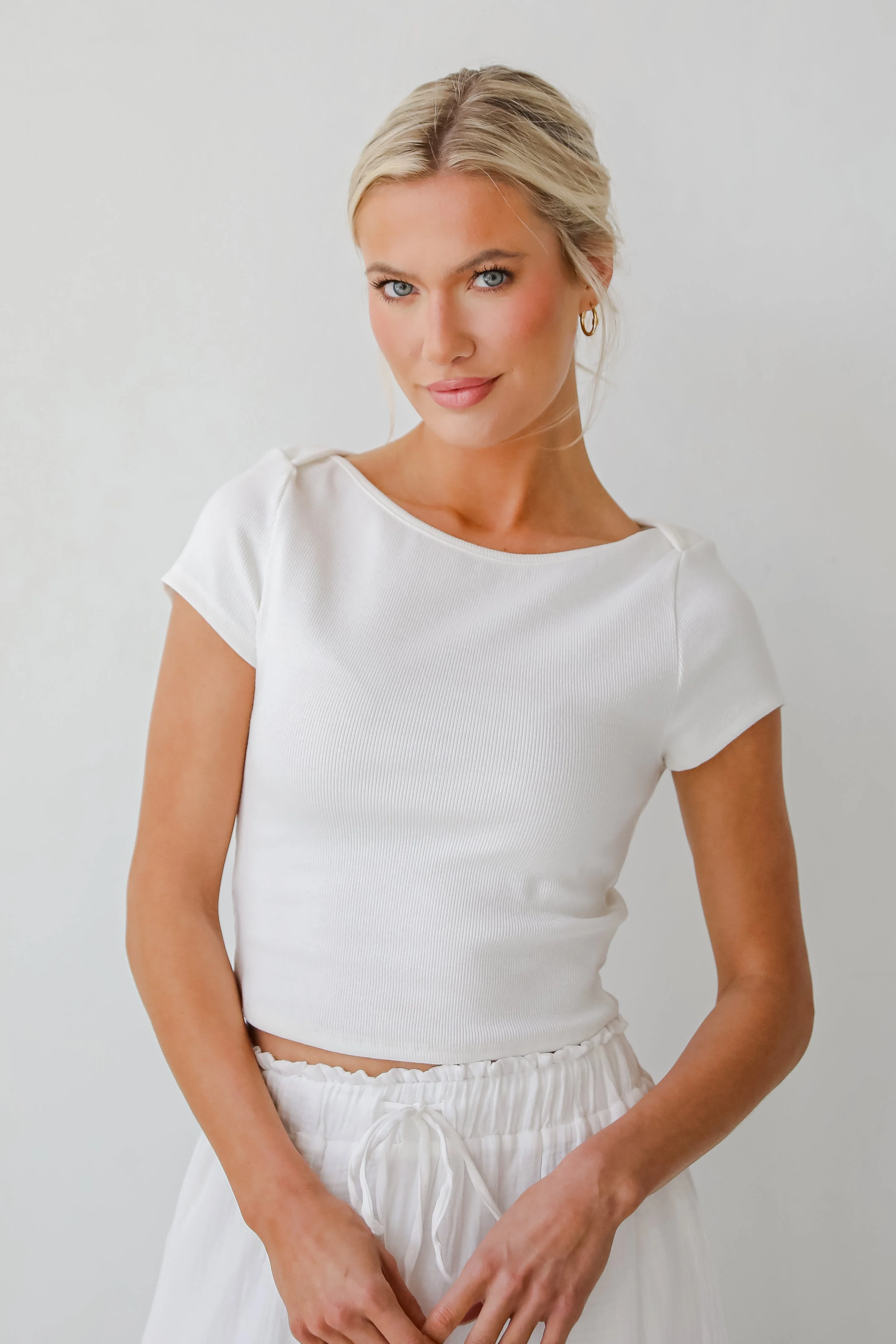 Wide Neck Short Sleeve Ribbed Crop Tee