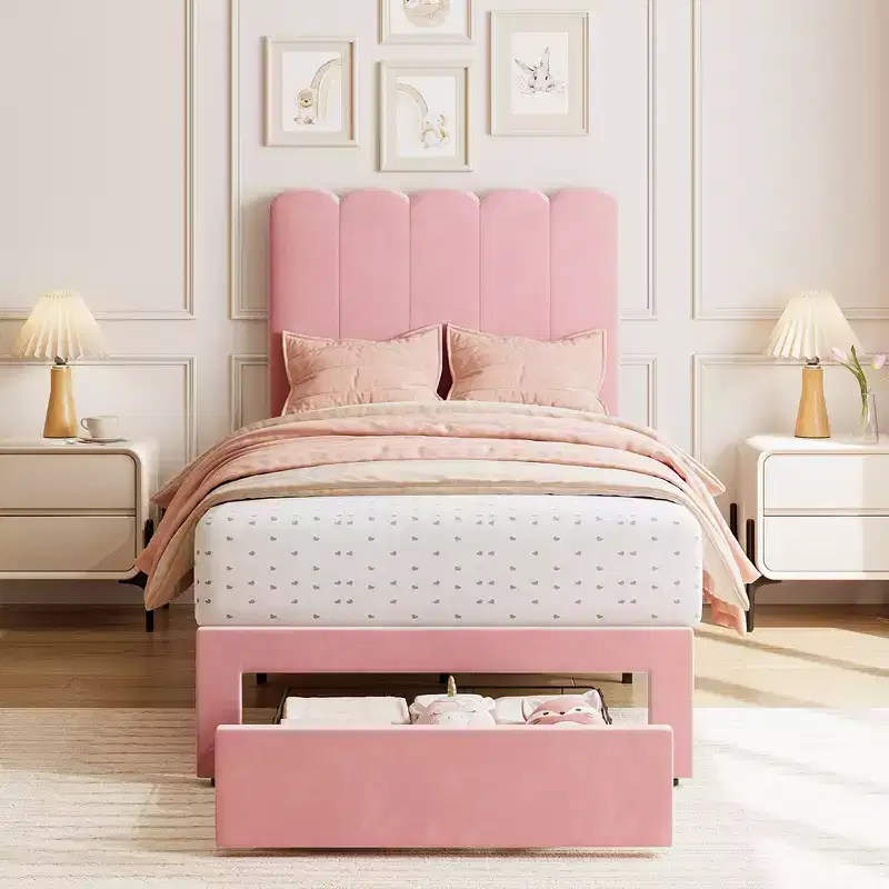 Twin Bed Frame with Storage Drawer and Headboard, Velvet Upholstered Twin Platform Bed Frame for Girls