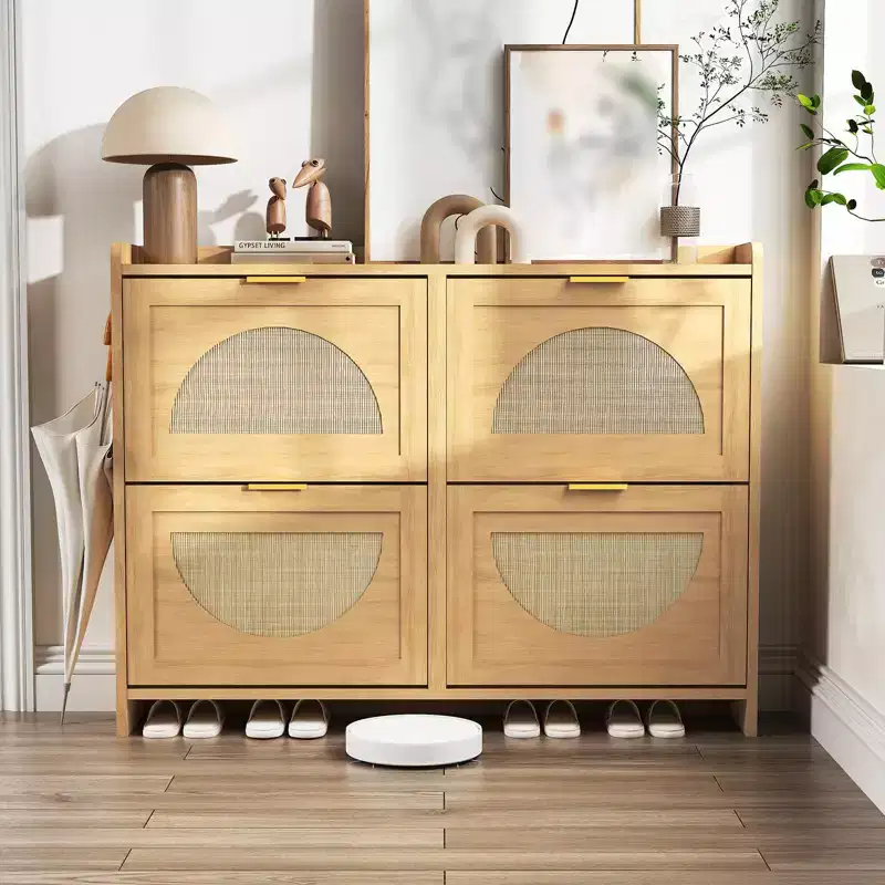 Rattan Shoe Storage Cabinet with 4 Flip Drawers, Hidden Shoe Storage Organizer, Freestanding Narrow Shoe Rack Cabinet For Hallway Living Room