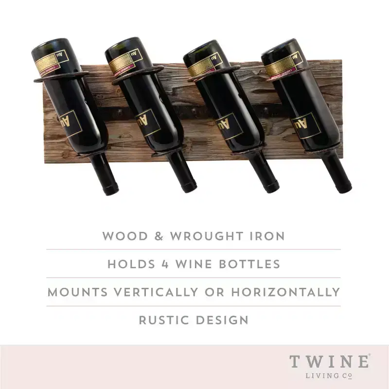 Twine 4 Bottle Wall Mount Wine Rack, Rustic Farmhouse Iron Metal & Wood Wine Holder, Wine Storage, Bar Decor, Housewarming Gifts for Men, 8 x 23.75