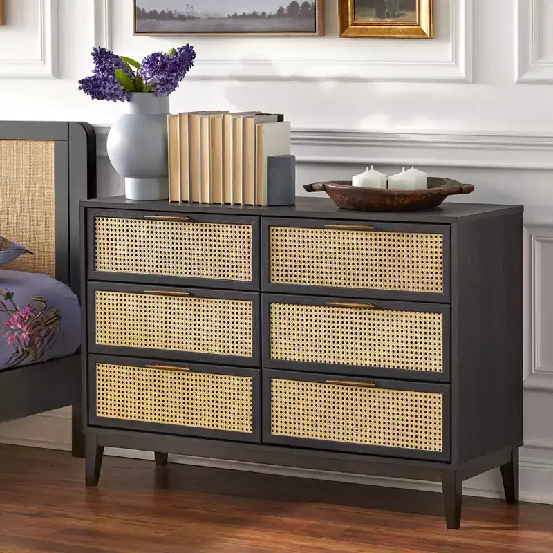 Particle Board 6-Drawer Dresser with Cane Fronts 44.9