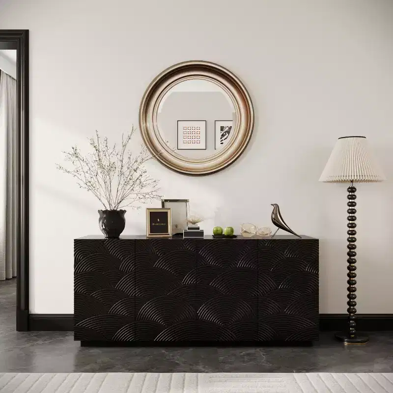 JVNOXK 59-inch Four-Door Modern Sideboard, Rectangular Storage Cabinet with Independent Anti-Tip Device, Suitable for Kitchens, Black