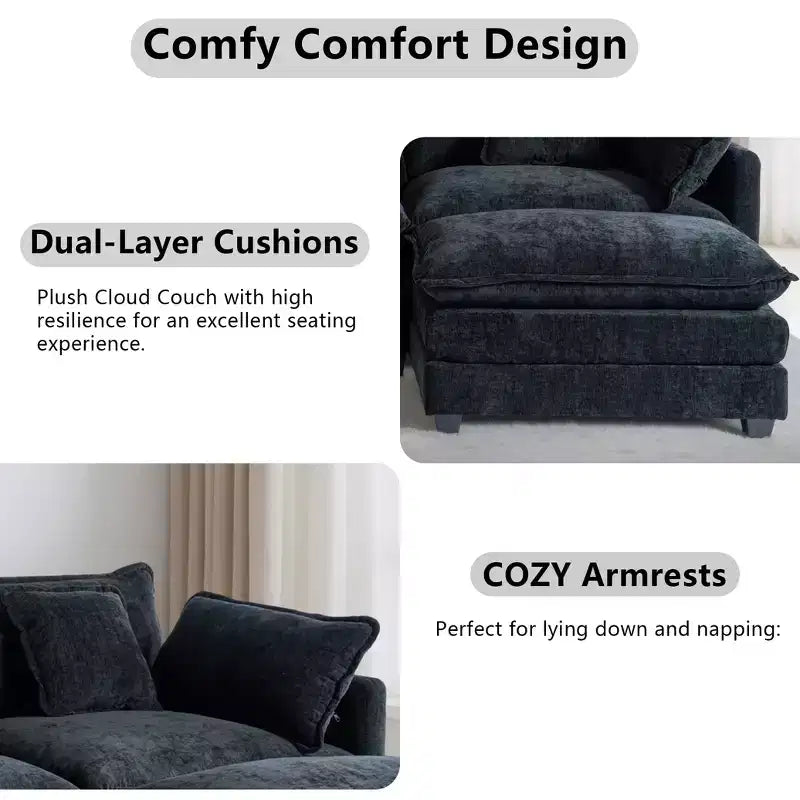 Chenille 3-Seat Sectional Sofa  Modular Deep Seat Sleeper Couch with Ottoman & Side Pocket