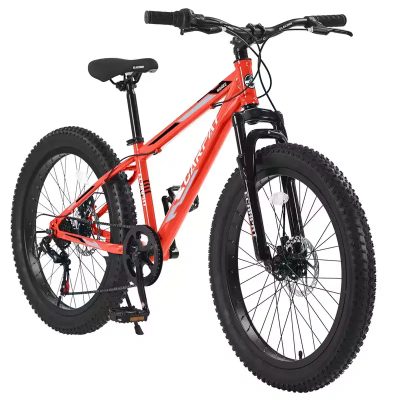 Okak 24IN Fat Tire Bike with Front Suspension, 7-Speed Mountain Bike with Disc Brake and High-Carbon Steel Frame, Trail Bike for Commuting