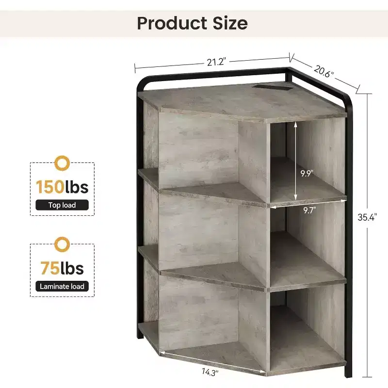 Acekool Corner Cabinet with Charging Station, 3-Tier Triangle Bookcase with USB Ports, Outlets & 9 Cube Organizer for Bedroom, Office, Living Room