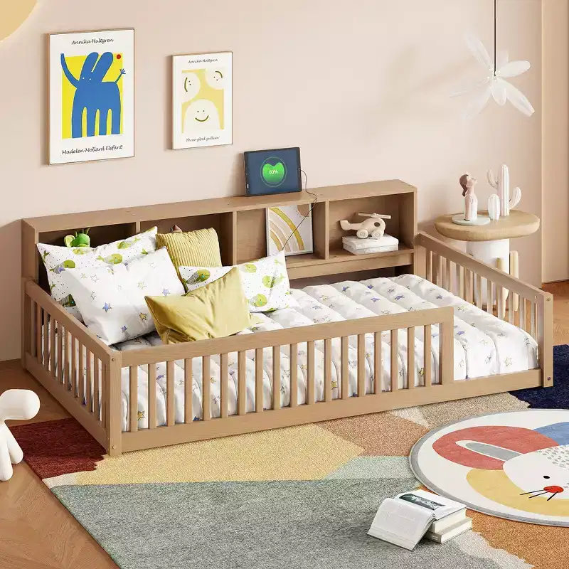 Twin XL Montessori Floor Bed with Storage Cabinets and USB Ports