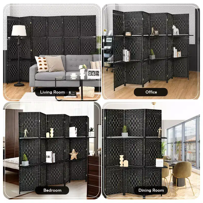 Costway 6 Panel Folding Room Divider 6Ft Weave Fiber Screen W/ 2 Display Shelves