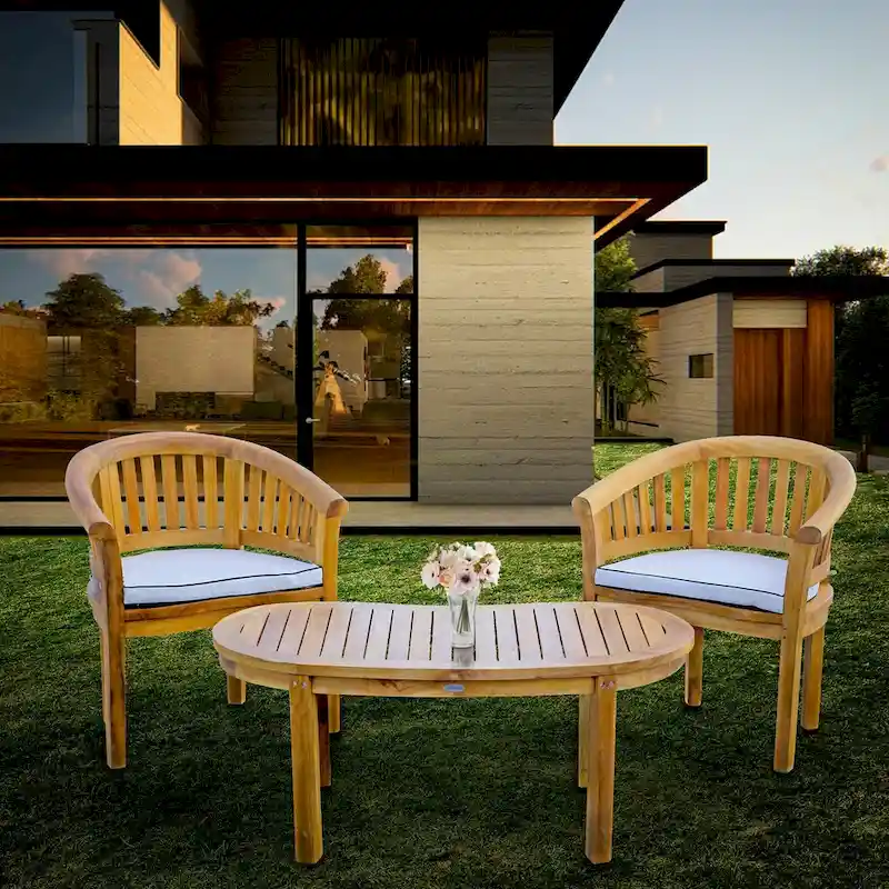 Chic Teak Peanut 3 Piece Teak Wood Patio Lounge Set, 2 Chairs & Coffee Table