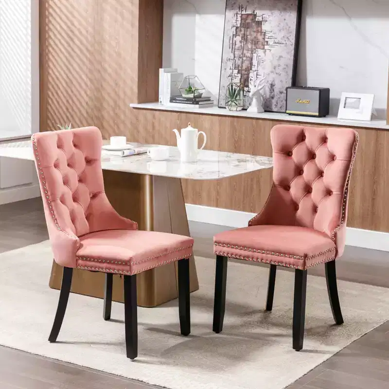 Modern Tufted Velvet Dining Chairs, Solid Wood Legs with Nailhead Trim, Contemporary Upholstered Side, Pink