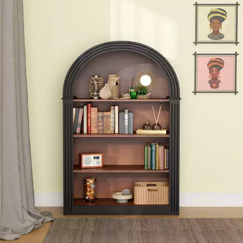 Okak Antique Arched Display Cabinet, Storage Cabinet with 4 Shelves, Freestanding Storage Cabinet for Living Room, Hallway and Office, Black