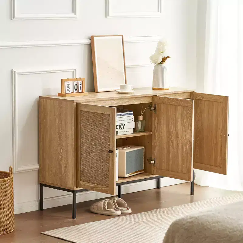 VEVOR Rattan Cabinet, Rattan Storage Cabinet with 3 Magnetic Doors and Adjustable Shelves, Sideboard Buffet Cabinet for Hallway, Entryway