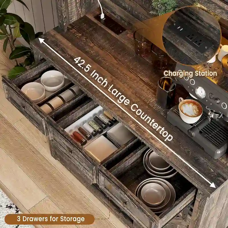 Modern Farmhouse Coffee Bar Cabinet with LED Lights & Power Outlets, Kitchen Cabinet