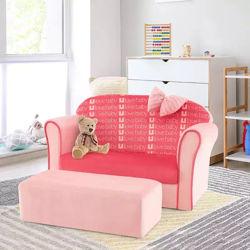 Costway Kids Double Sofa Velvet Upholstered Sofa Couch w/Footstool & Armrests Pink
