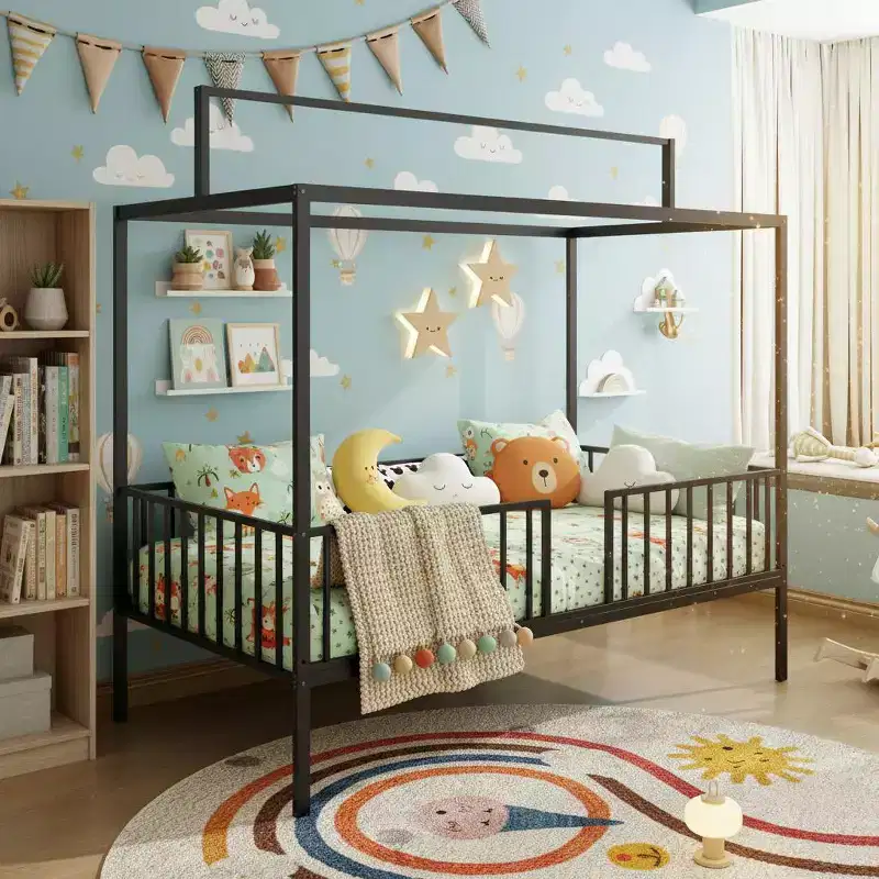 Polibi 3-in-1 Convertible Montessori Metal Floor Bed with Fence Guardrails and Canopy Frame