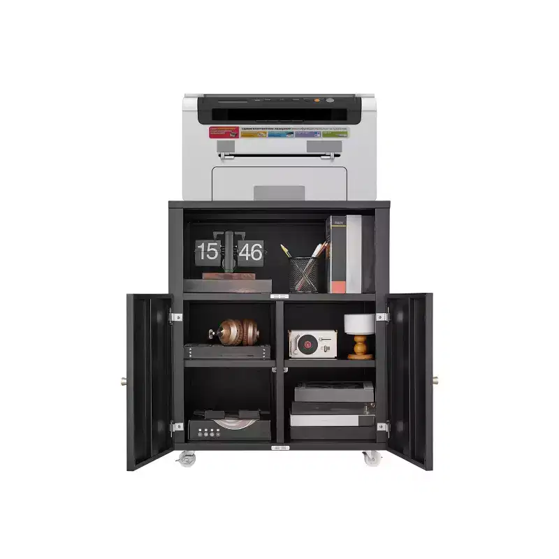 Black Metal Mobile File Cabinet & Printer Stand C 2 Lockable Doors, Adjustable Compartment, 4-Slot Storage for Letter/Legal/A4