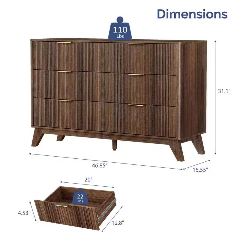 Walnut / Gray Oak / Black 6-Drawer Double Row Grid Chest Dresser for 1 Person
