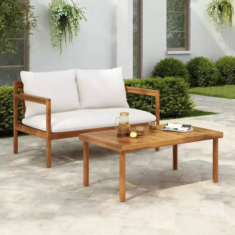 Christopher Knight Home Negley Outdoor 2 Piece Acacia Wood and Rope Chat Set with Water Resistant Cushion