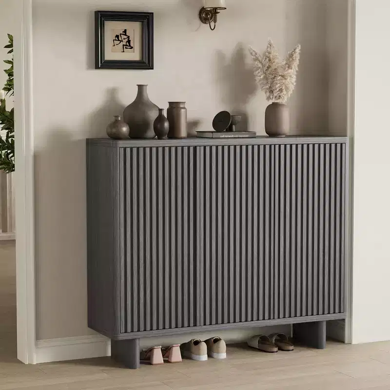 46 Inch Shoe Cabinet with Fluted Door, 5-Tier Storage with 4 Adjustable Shelves, Rustic Shoe Organizer for Entryway, Hallway, Living Room