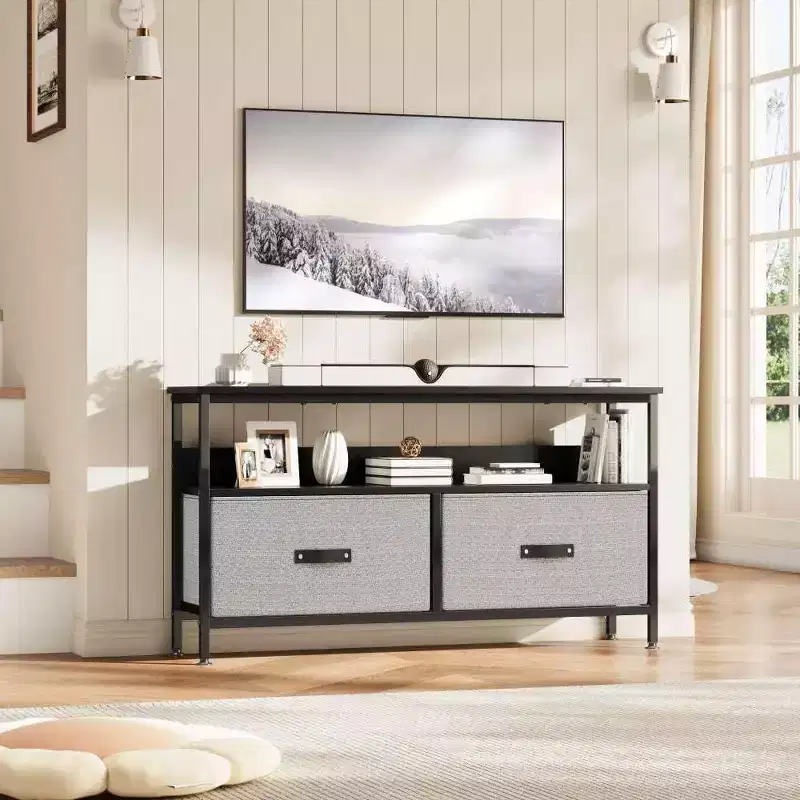 TV Stand with 2 Fabric Drawers & Open Shelf | Black / Gray / Retro | Fits 32–50