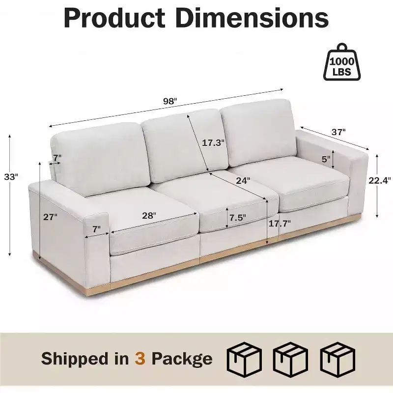 100 inch Fixed Sofa with Wooden Strips, Cotton Fabric, Triple Person Seat, Suitable for Living Rooms and Apartments