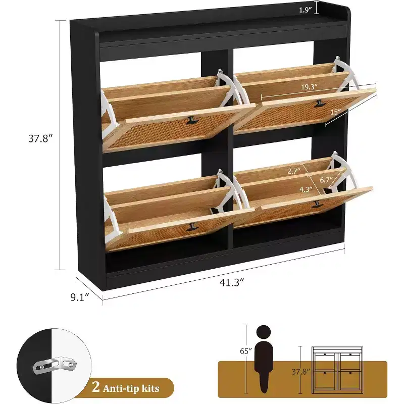 Shoe Cabinet Rattan with 4 Flip Drawers, Wooden Freestanding Shoe Organizer with Adjustable Shelves, Shoe Storage for Entryway, Closet, Hallway