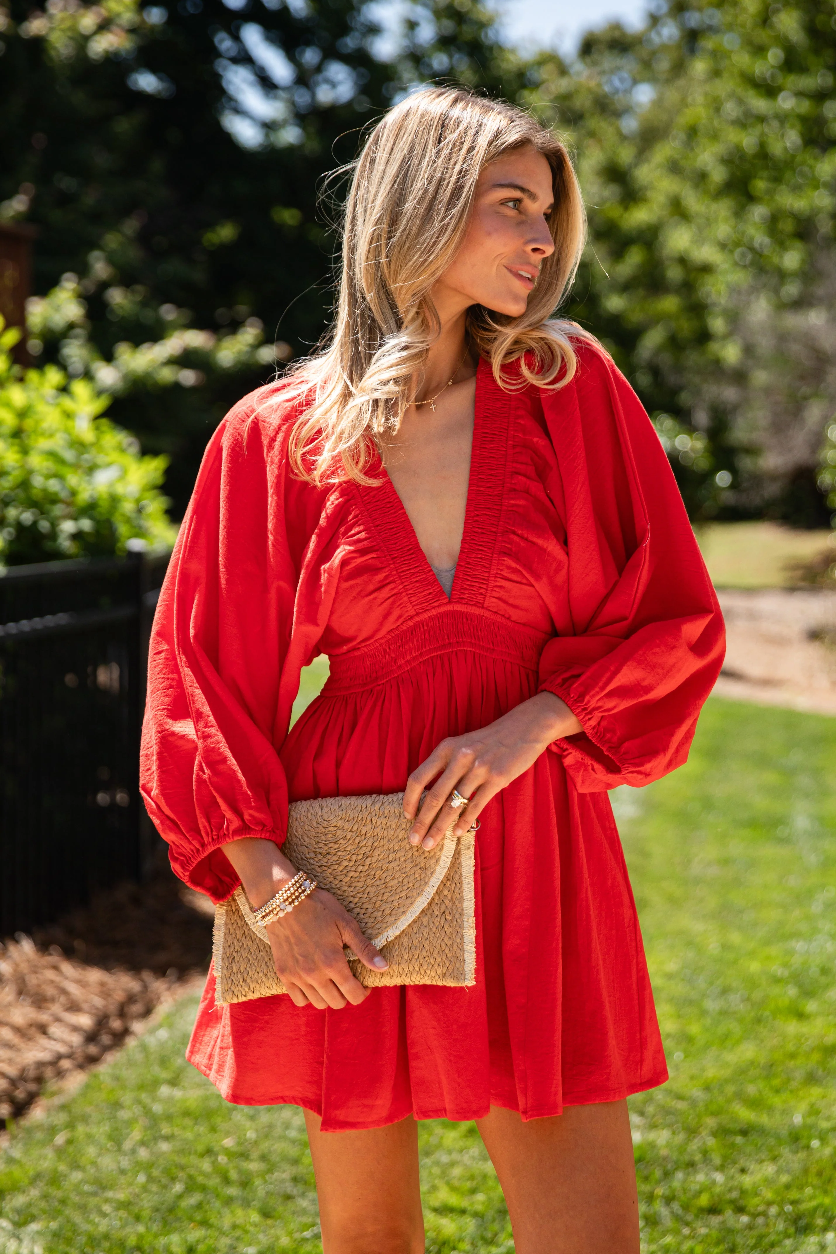 Smocked Waist Balloon Sleeve A-Line Mini Dress