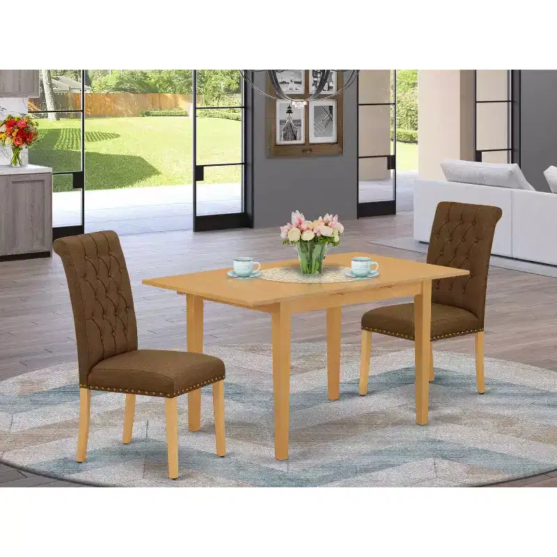 HomeStock 3-Piece Natural Brown Oak Finish Rectangular Solid Wood Top with Butterfly Leaf Dining Table Set