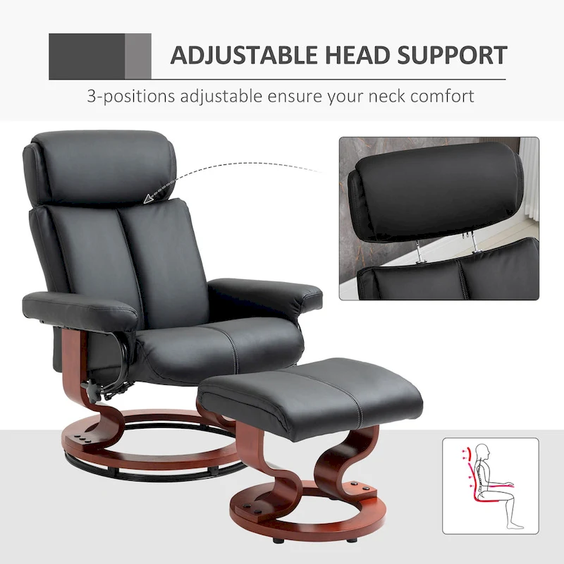 HOMCOM Recliner Chair with Ottoman, 360 Swivel Reclining Chair with Wood Base and Matching Footrest, Black