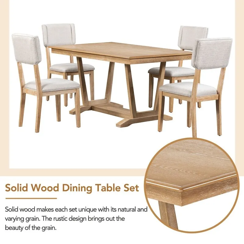 Rustic 5-piece Dining Table Set with 4 Upholstered Chairs, 59-inch Rectangular Dining Table with Trestle Table Base