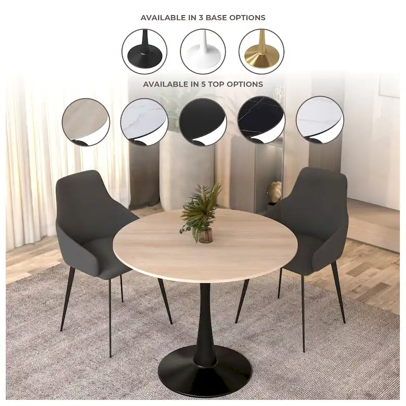35in Round Dining Table with Sintered Stone Tabletop, Black Steel Pedestal Base, Scratch-Resistant