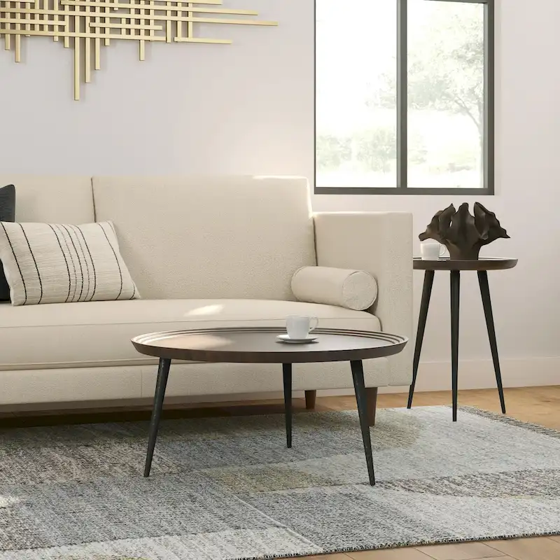 Modern Industrial Round Coffee Table with Solid Acacia Wood Top