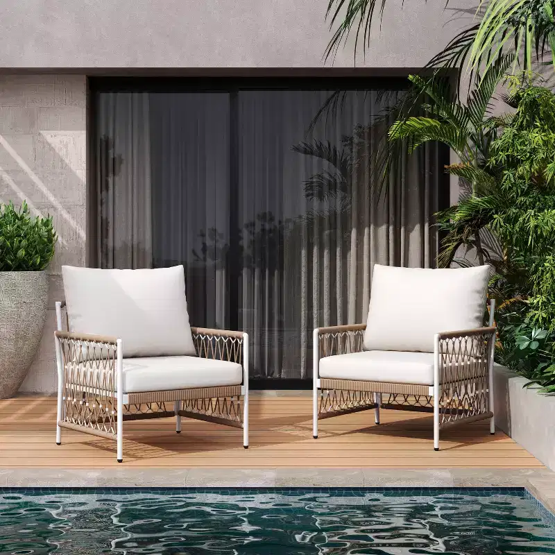 Set of 2 Bohemian Outdoor Lounge Chairs with Handwoven Rope, Powder-Coated Steel Frame, Waterproof Cushions for Patio or Poolside