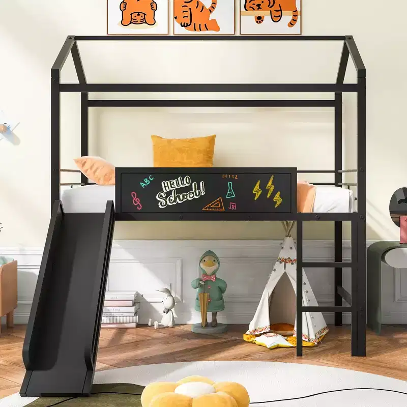 Twin Size House Loft Bed with Slide and Writable Board, Sturdy Metal Frame with Fun Play Area
