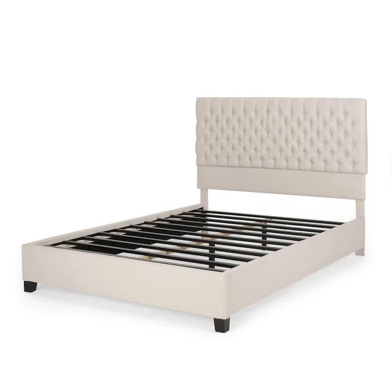 Platform Queen Size Bed, Ivory Polyester, Button Tufting