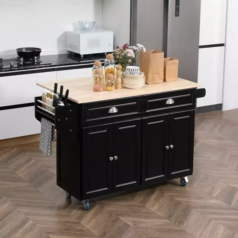 HOMCOM Rolling Kitchen Island on Wheels, Kitchen Cart with Solid Wood Drop Leaf Breakfast Bar, Storage Drawers, 4-Door Cabinets, Spice Rack