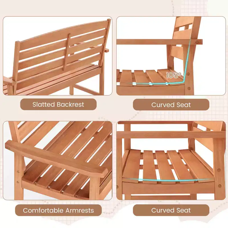 Costway Wooden Garden Bench 2-Person Patio Loveseat with Slatted Backrest Natural