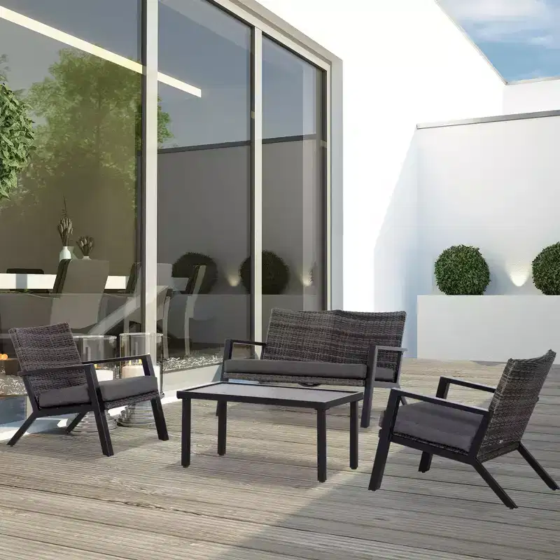 4 Piece Patio Furniture Set, 2 PE Wicker Chairs, Loveseat Sofa, Outdoor Coffee Table, Soft Cushions, Couch & Armchairs for Backyard, Garden