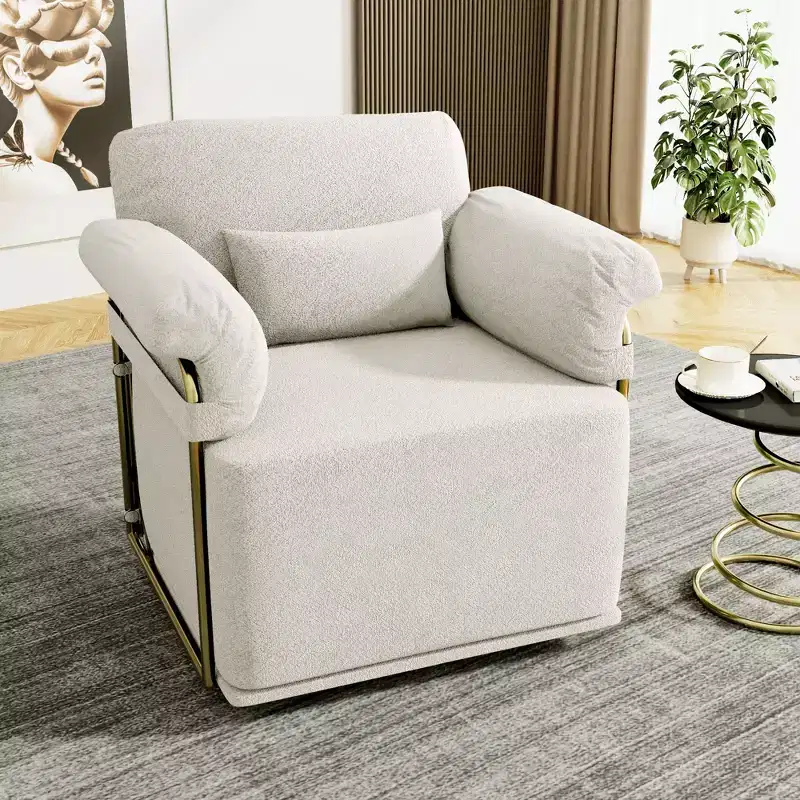 Square Swivel Accent Chair,Fluffy Fabric Upholstered Chair with Golden Metal Legs,Pocket Spring Cushion,Lounge Chair for Living Room,Bedroom