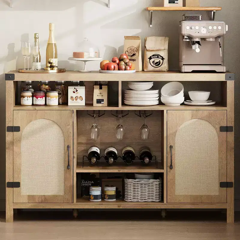 Farmhouse Coffee Bar Cabinet with Rattan Doors, 52 Wine Bar with Adjustable Shelves and Removable Wine Rack