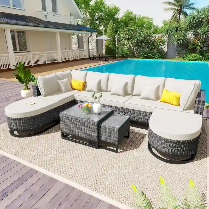 7-Pieces Large Size Wicker Sofa Set with 2 Coffee Table & Pillows