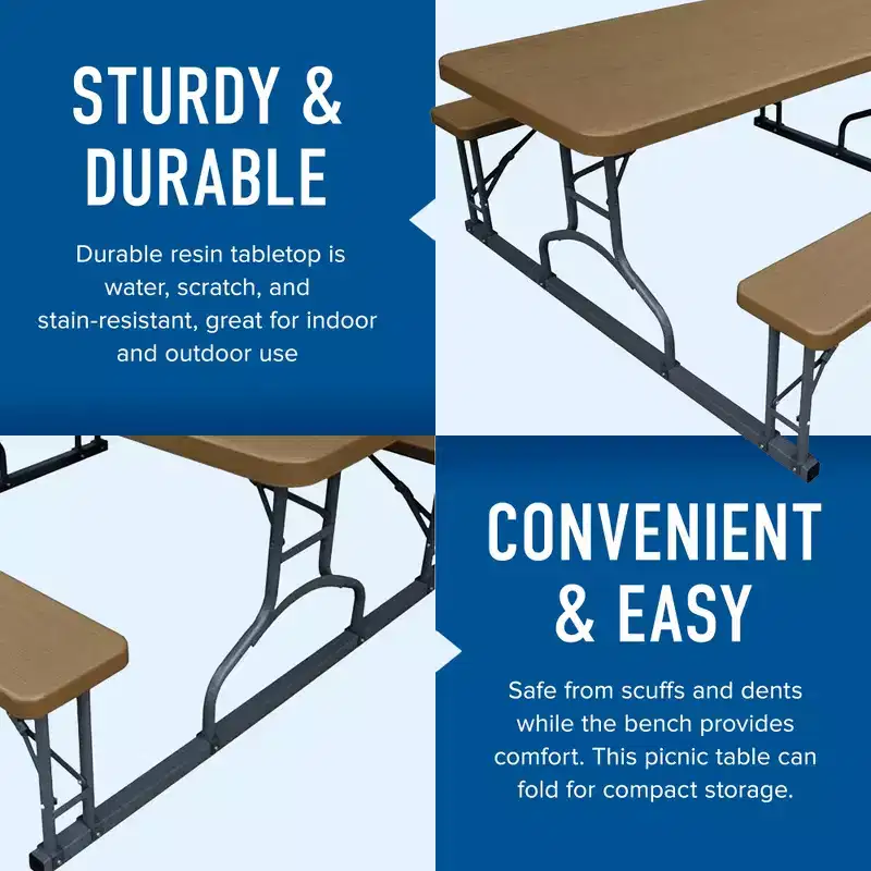 Plastic Development Group 6 Foot Indoor Outdoor Picnic Table with Steel Frame for Parties, Holidays, Weddings, and Crafts, Brown