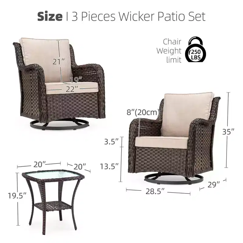 3 Pcs Outdoor Wicker Rattan Swivel Rocking Chair Set, 360-Degree Swivel Rocking Chair, Armored Glass Side Table for Backyard, Porch, Balcony, Garden