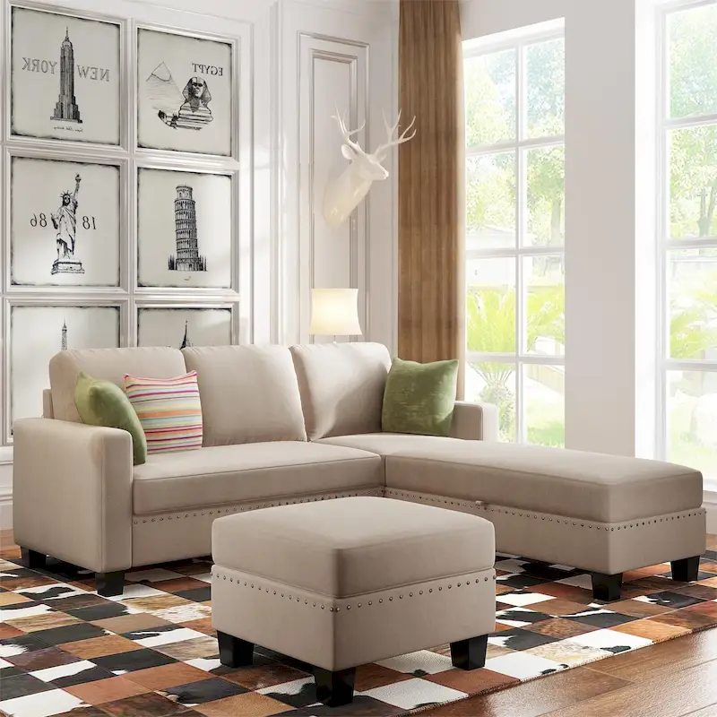 Grey L-Shaped Sectional Sofa with Storage Ottoman, Seats 6