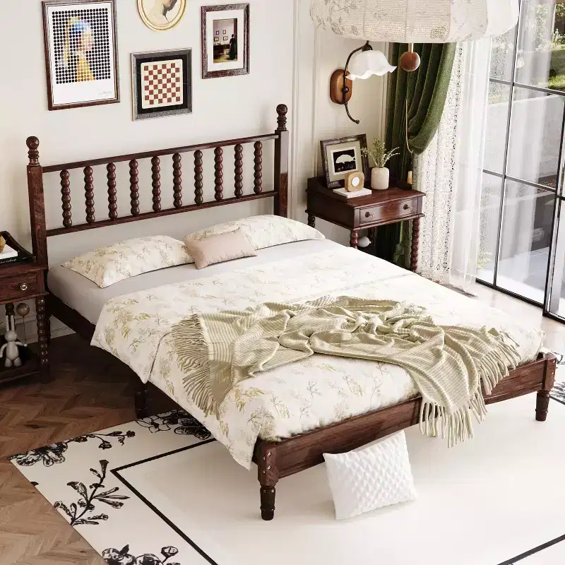 Queen Size Wood Platform Bed with Gourd Shaped Headboard, Retro Style Bed with Wooden Slat Support -