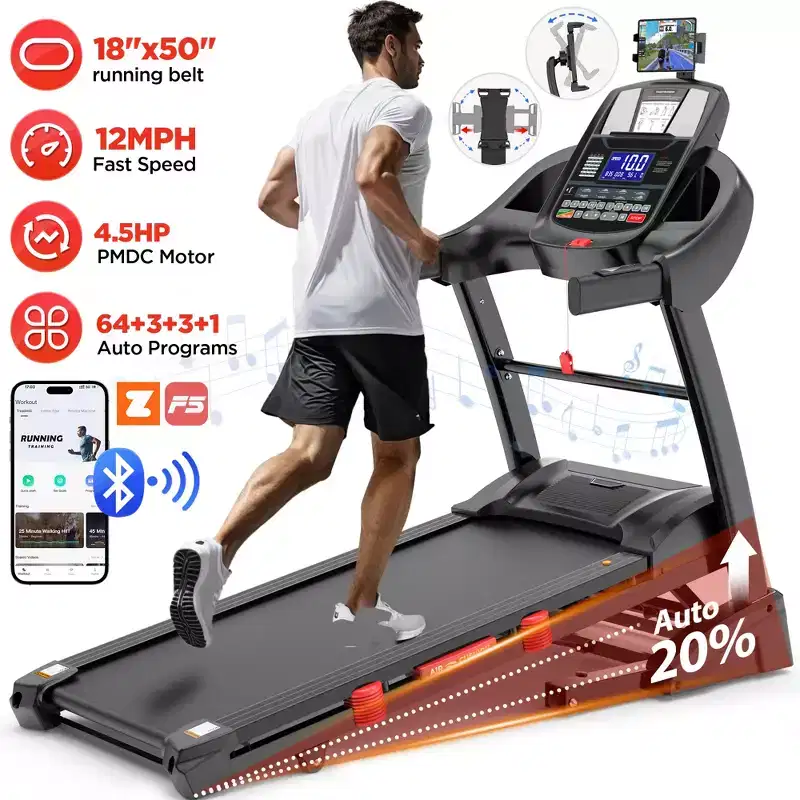 Treadmill with Auto Incline, Running Treadmills for Home, Folding Treadmill with Handle Bars, Speaker, Treadmill 300 lb Capacity
