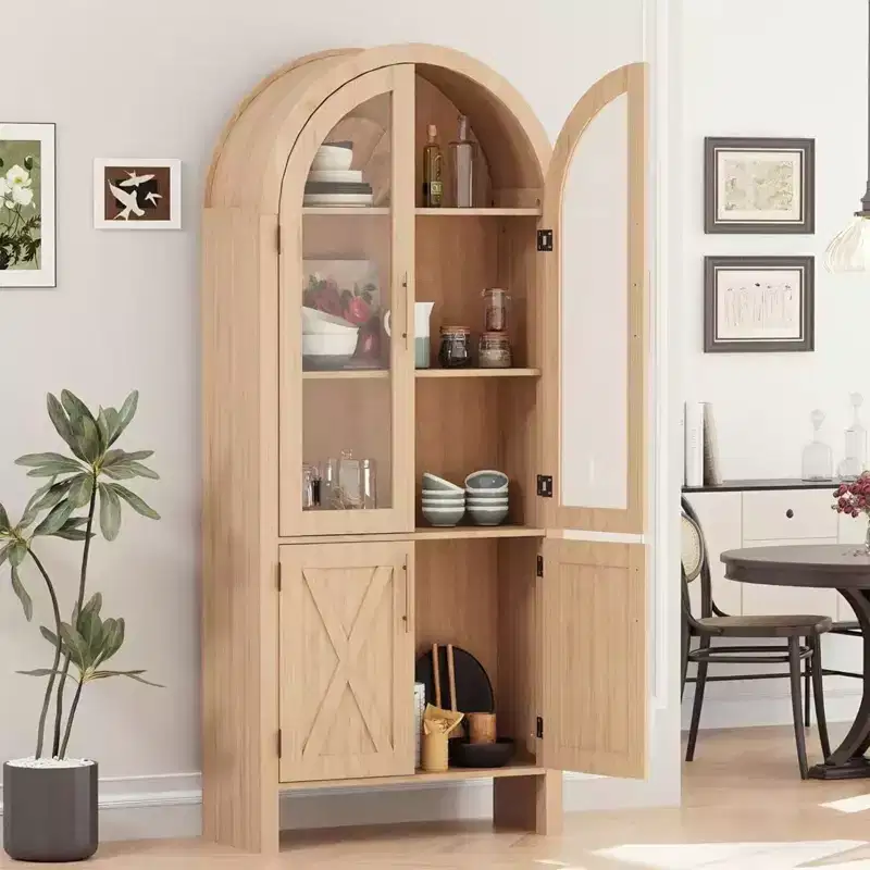 Arched Display Cabinet 60 Kitchen Storage with Adjustable Shelves Glass Doors Modern Wood Pantry for Bathroom Entryway Dining Room