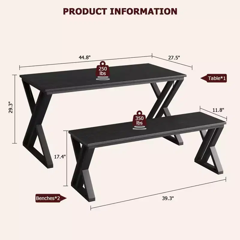 CuisinSmart Dining Table Set with Bench & wooden tabletop, Metal Frame X-Shaped Design Kitchen Table with Bench for 4, for Cafe Home Office, Black