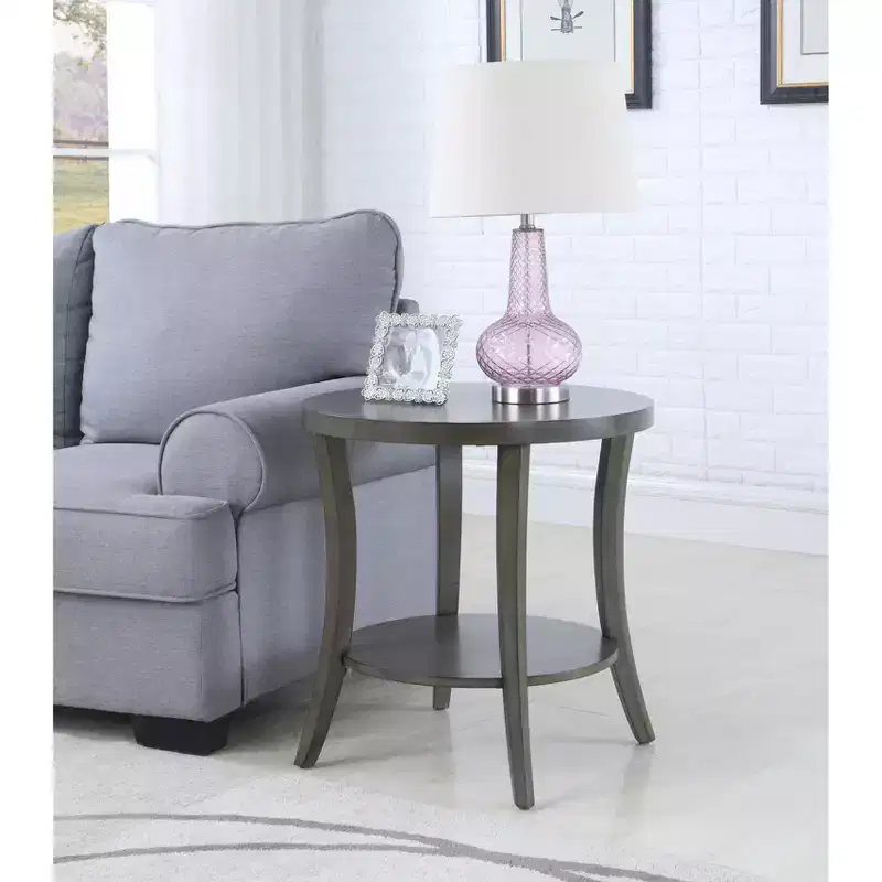 Round Side End Table with Arched Legs & Storage Shelf – Gray, 23.5